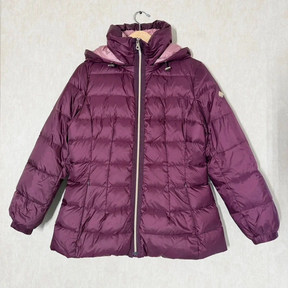Kate Spade Women’s Untrimmed Down Puffer Coat Jacket Full Zip Hooded Red Wine M